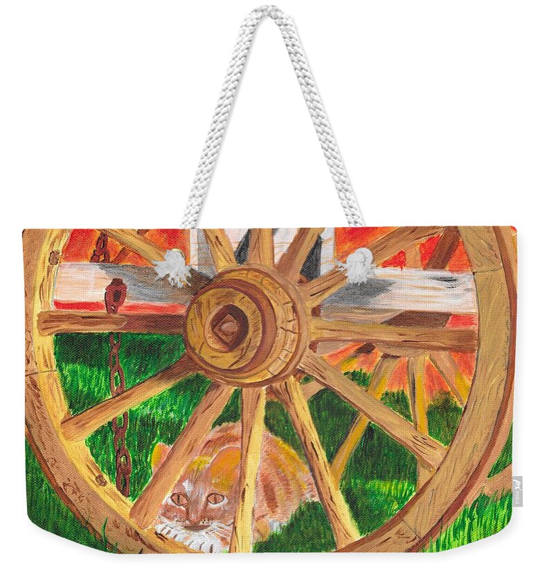 Cat Weekender Tote Bag featuring the painting Under the wagon by David Bigelow