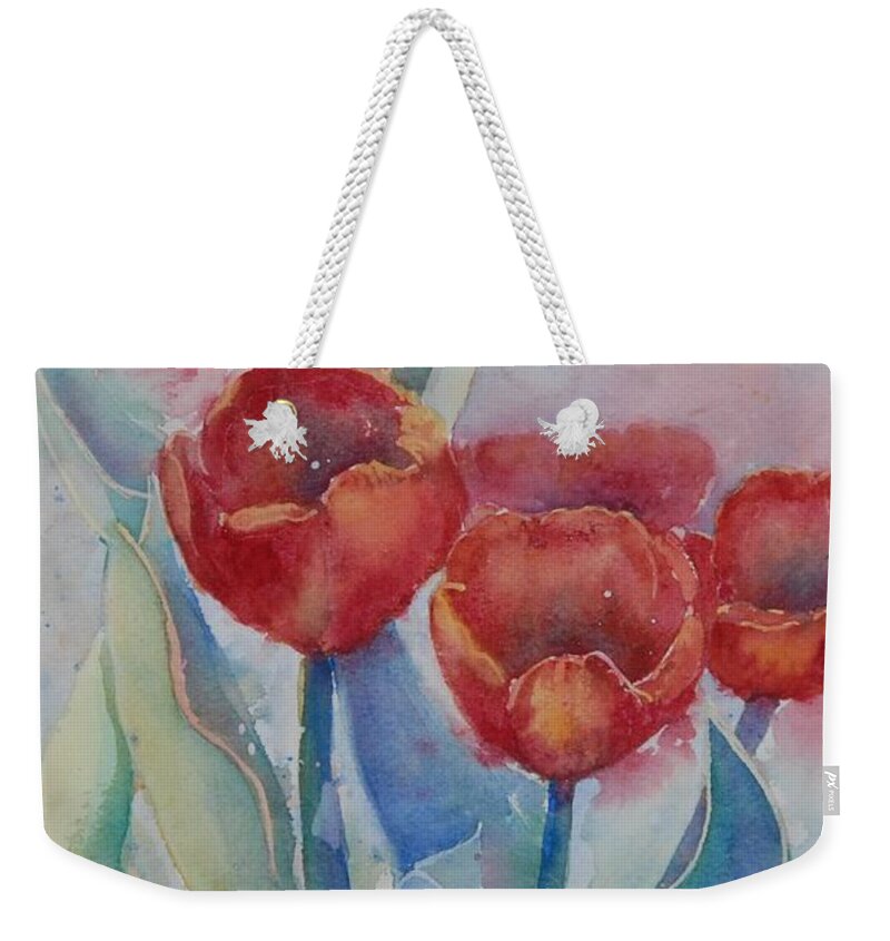 Flowers Weekender Tote Bag featuring the painting Undersea Tulips by Ruth Kamenev