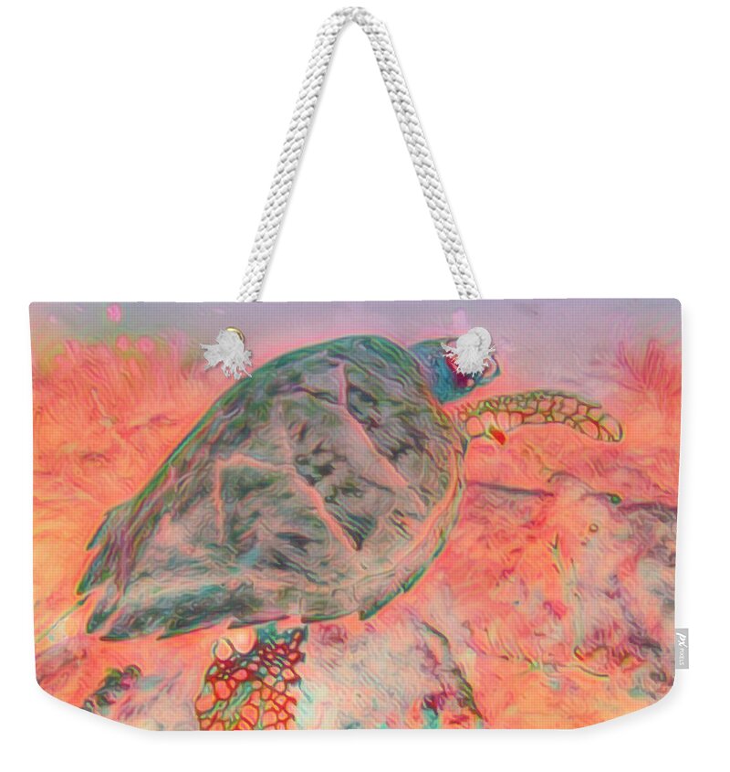 Florida Weekender Tote Bag featuring the photograph Underwater Turtle Pastel Painting by Debra and Dave Vanderlaan