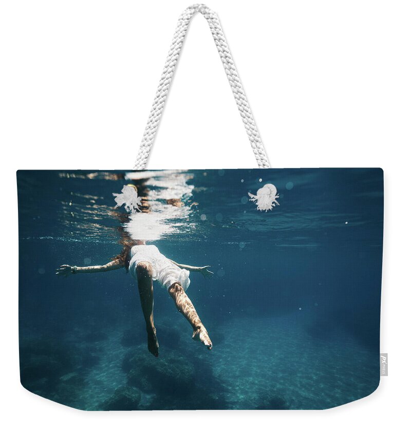 Swim Weekender Tote Bag featuring the photograph Underwater White Dress II by Gemma Silvestre