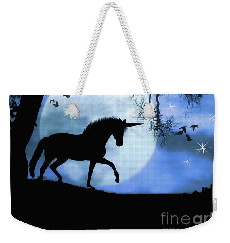 Unicorn Weekender Tote Bag featuring the photograph Unicorn and Moon Magically, Mystical, Mythical by Stephanie Laird