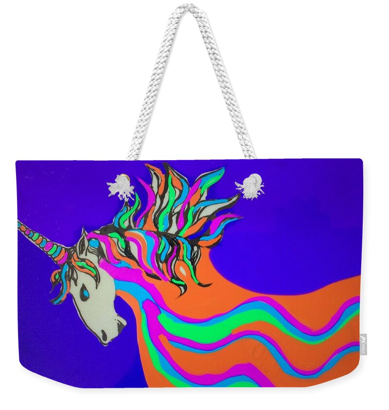 Ink Pen Digital Colors Bright Unicorn Fantasy Weekender Tote Bag featuring the drawing Unicorn for Candy by Erika Jean Chamberlin