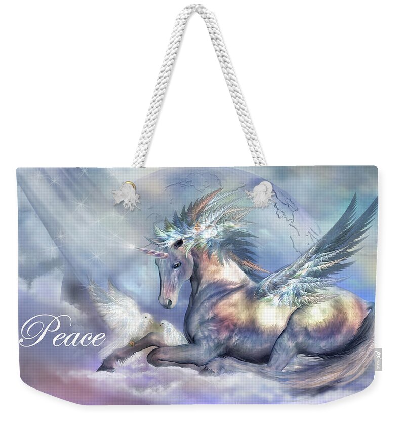 Unicorn Weekender Tote Bag featuring the mixed media Unicorn Of Peace Card by Carol Cavalaris