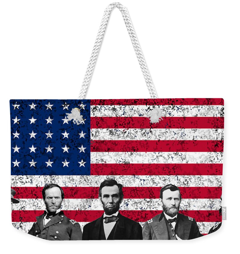 Abraham Lincoln Weekender Tote Bag featuring the mixed media Union Heroes and The American Flag by War Is Hell Store