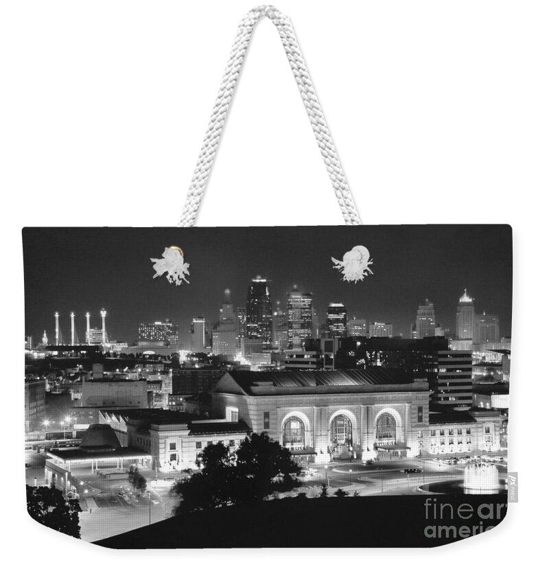 Kansas City Weekender Tote Bag featuring the photograph Union Station in Black and White by Crystal Nederman