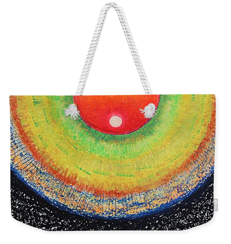 Abstract Weekender Tote Bag featuring the pastel Universal Eye in Red by Norma Duch