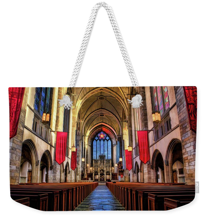 Chicago Weekender Tote Bag featuring the painting University of Chicago Rockefeller Chapel by Christopher Arndt