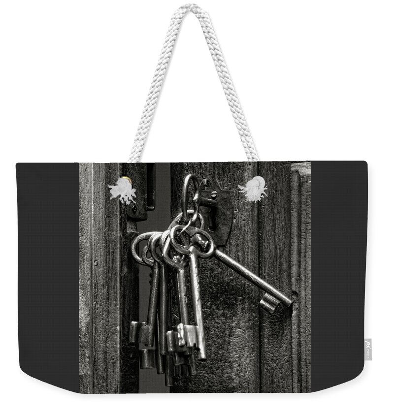Door Weekender Tote Bag featuring the photograph Unlocked - Keys and Opened Door by Mitch Spence
