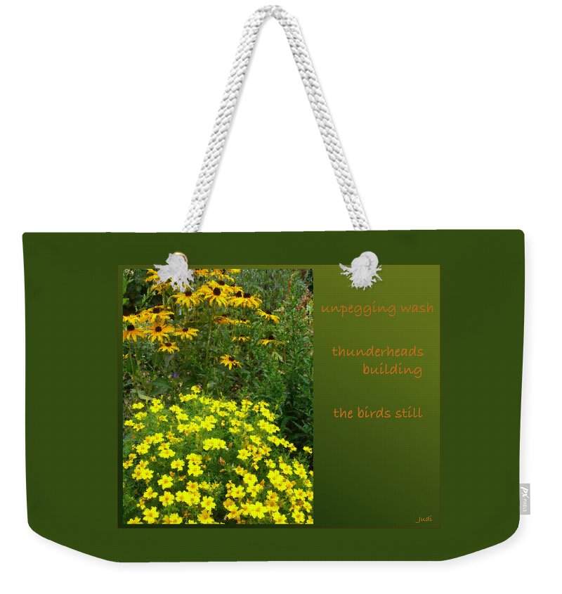 Poem Weekender Tote Bag featuring the digital art Unpegging Wash Haiga by Judi and Don Hall