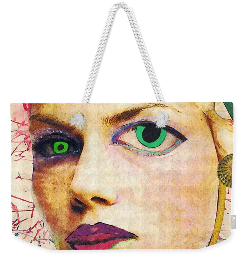 Portrait Weekender Tote Bag featuring the mixed media Unsettling Gaze by Sarah Loft