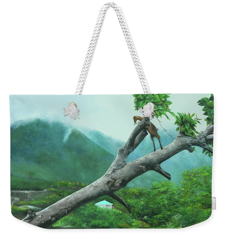 Jamaica Art Weekender Tote Bag featuring the painting Unu Neva Si Goat Ina Tree by Kenneth Harris