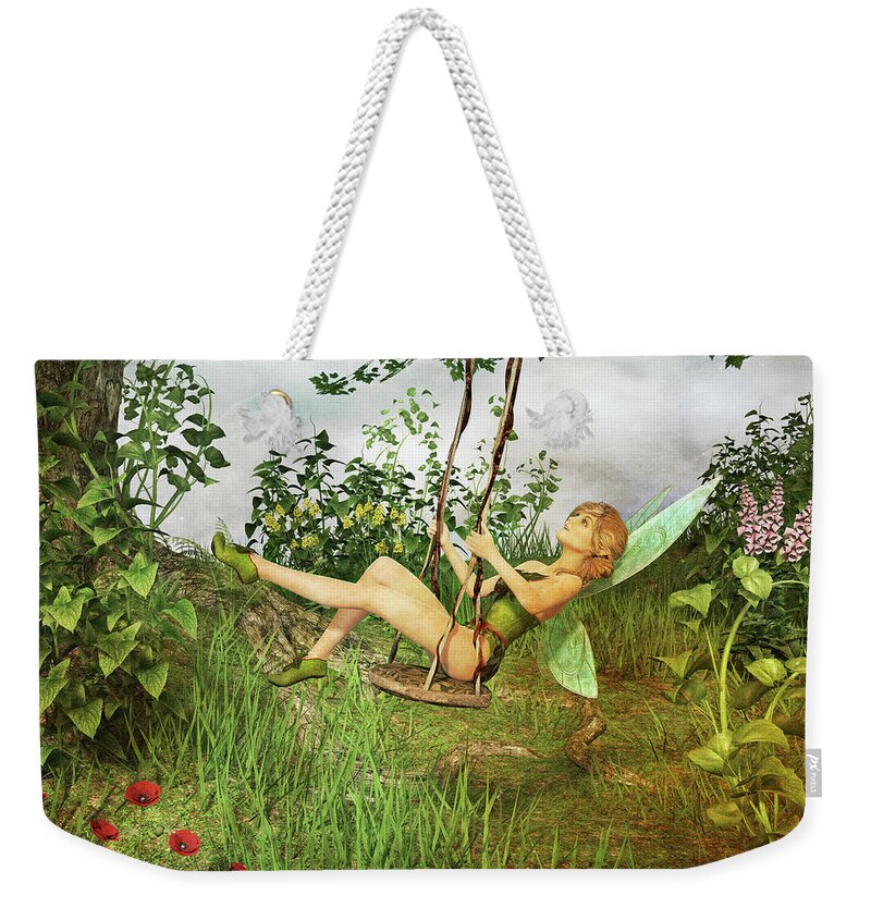 Vintage Weekender Tote Bag featuring the digital art Up and Away - Vintage Fairy on a Swing by Jayne Wilson