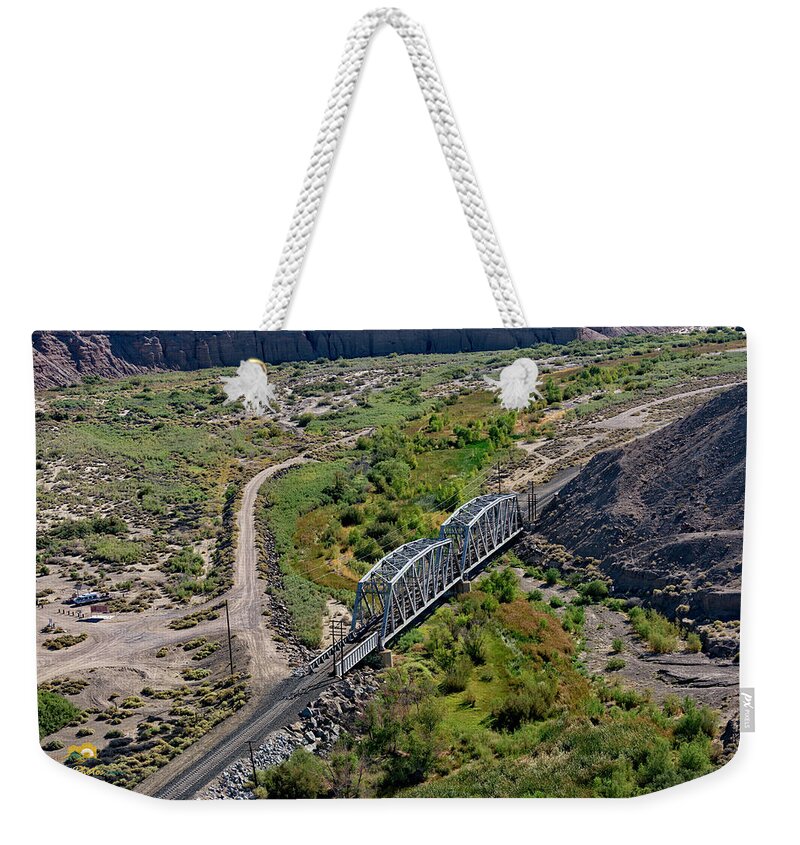 Aerial Shots Weekender Tote Bag featuring the photograph UP Tracks Cross the Mojave River by Jim Thompson