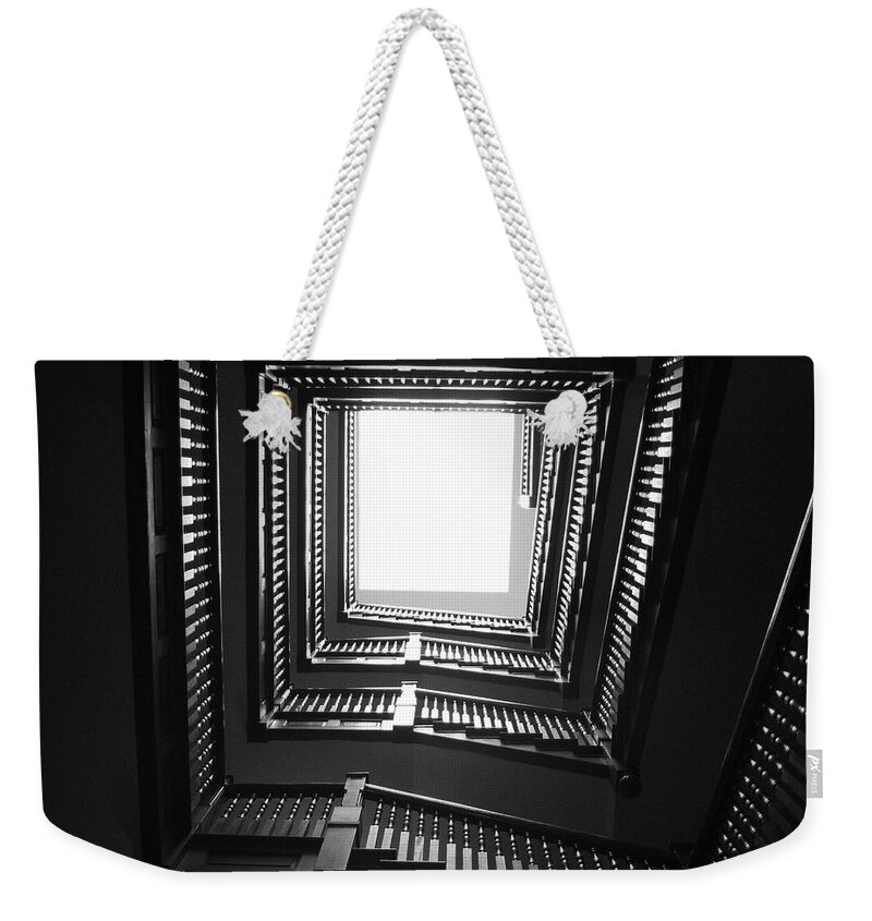 Stairs Weekender Tote Bag featuring the photograph Upstairs- Black and White Photography by Linda Woods by Linda Woods
