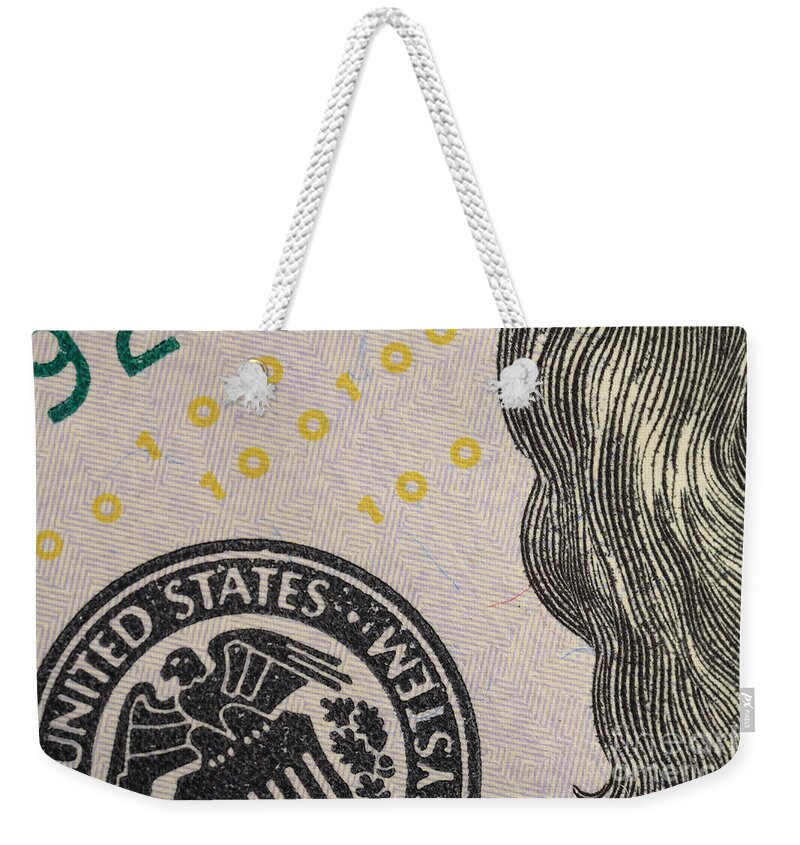New Weekender Tote Bag featuring the photograph Us 100 Dollar Bill Security Features, 1 by Ted Kinsman