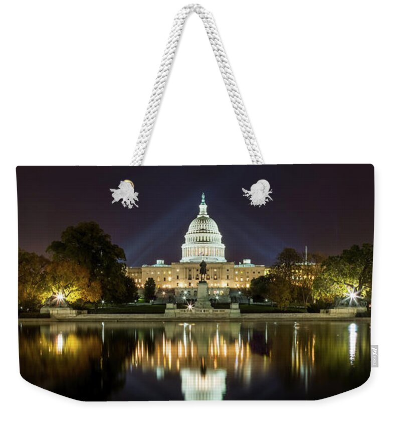 Architecture Weekender Tote Bag featuring the photograph US Capitol Night Panorama by Val Black Russian Tourchin