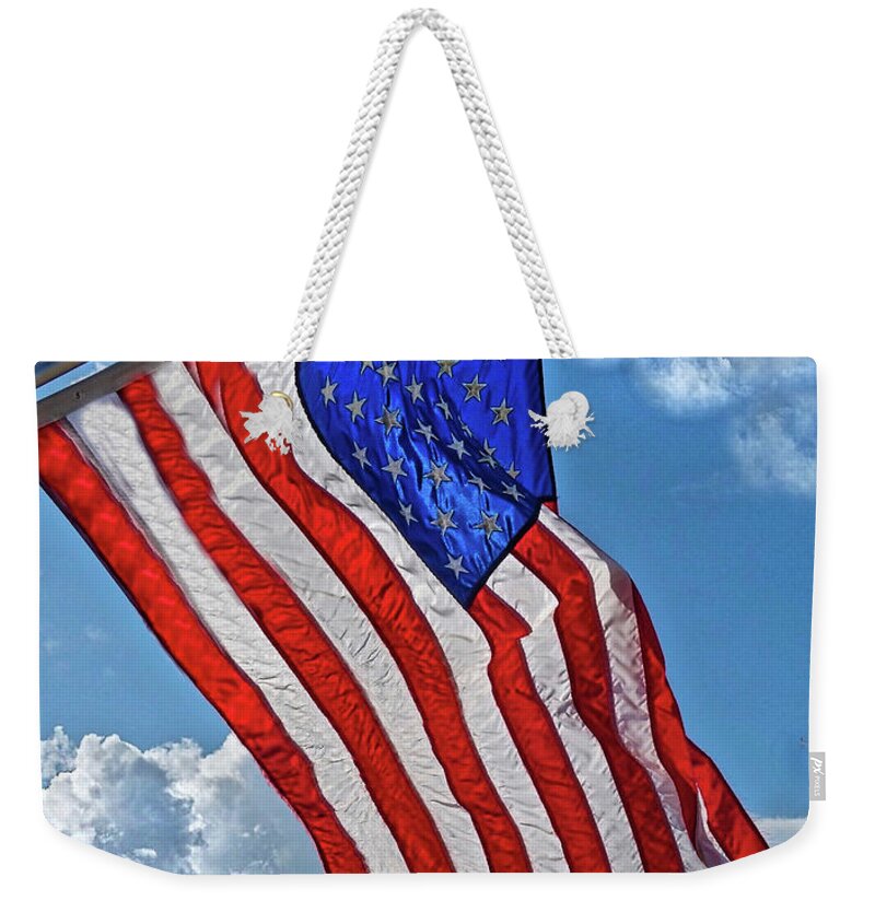 American Flag Weekender Tote Bag featuring the photograph US Flag,Ocean Grove,NJ Flag by Joan Reese