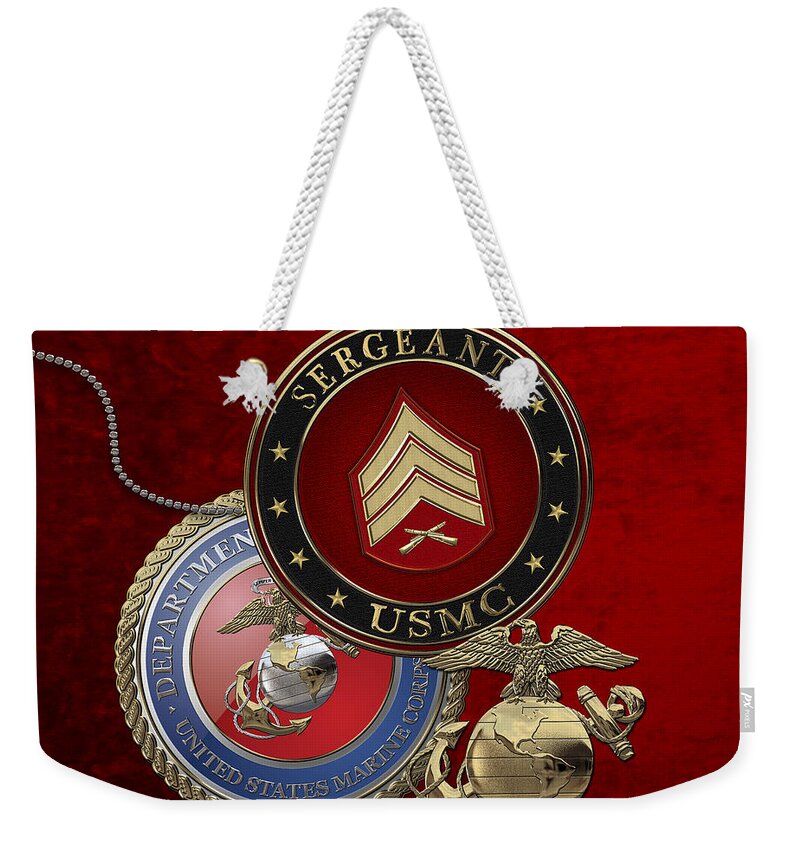 Military Insignia 3d By Serge Averbukh Weekender Tote Bag featuring the digital art U. S. Marines Sergeant - U S M C Sgt Rank Insignia over Red Velvet by Serge Averbukh
