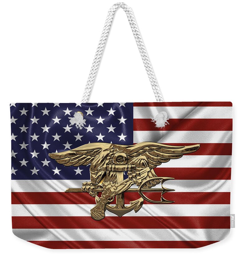 'military Insignia & Heraldry - Nswc' Collection By Serge Averbukh Weekender Tote Bag featuring the digital art U.S. Navy SEALs Trident over U.S. Flag by Serge Averbukh