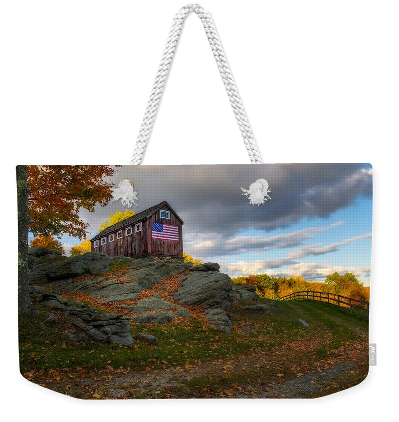 American Flag Weekender Tote Bag featuring the photograph USA Patriotic Rustic Barn by Susan Candelario