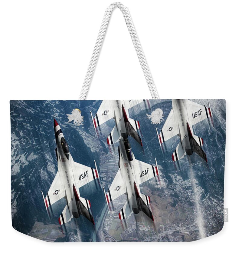Thunderbirds Weekender Tote Bag featuring the digital art USAF Thunderbirds by Airpower Art