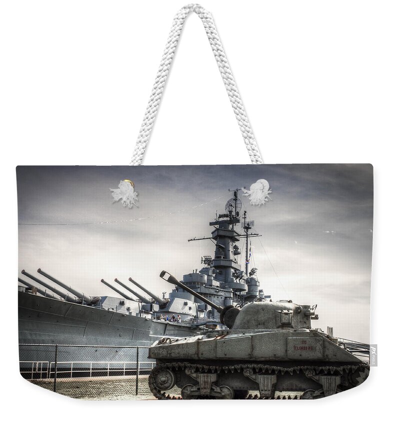 Alabama Weekender Tote Bag featuring the photograph USS Alabama and Tank by Debra Forand