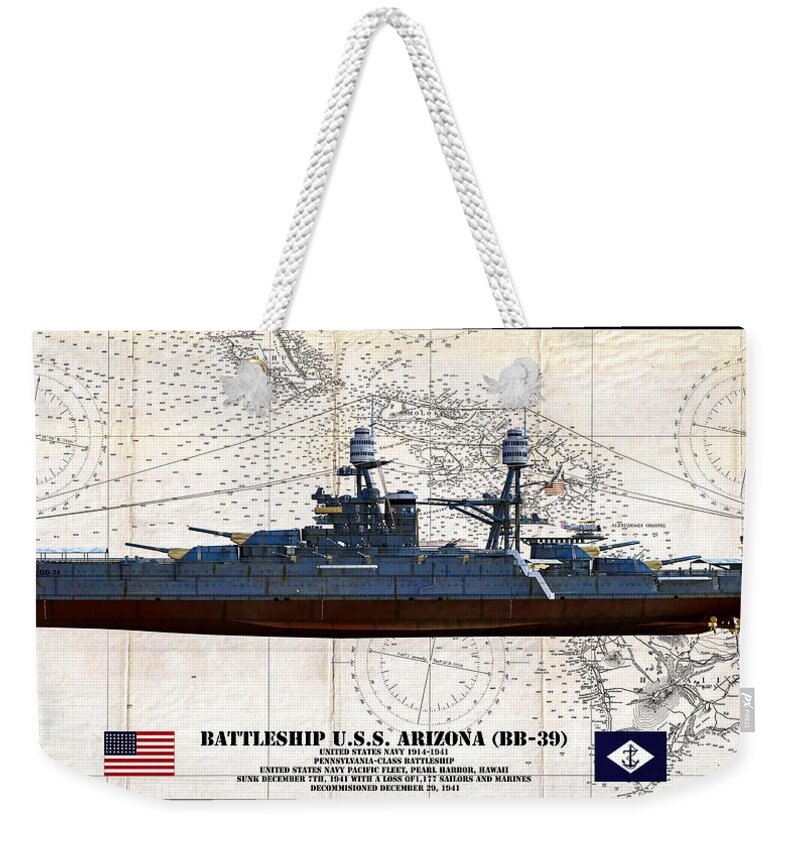 Batttleship Weekender Tote Bag featuring the digital art USS Arizona BB-39 Profile Art by Tommy Anderson