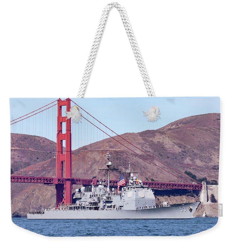 Mobile Bay Weekender Tote Bag featuring the photograph USS Mobile Bay CG 53 by Rick Pisio