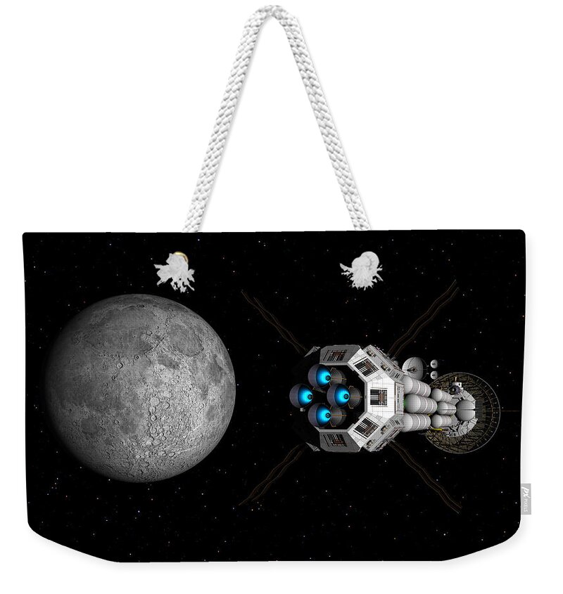 Spaceship Weekender Tote Bag featuring the digital art USS Savannah passing earth's moon by David Robinson