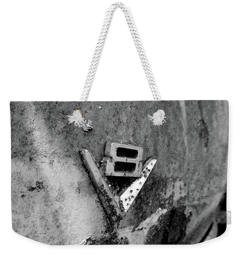 V8 Weekender Tote Bag featuring the photograph V8 Emblem by Matthew Mezo