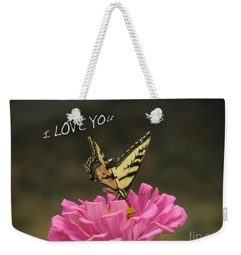 Valentine Weekender Tote Bag featuring the pyrography Valentine Zinnia and the Swallowtail by Debby Pueschel