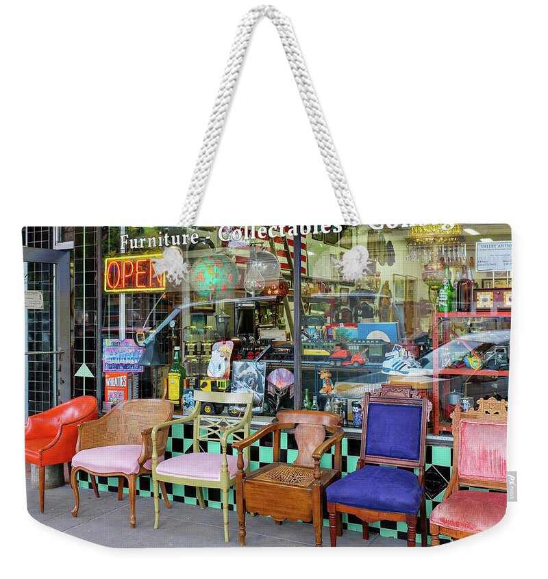 Antique Store Weekender Tote Bag featuring the photograph Valley Antiques Storefront Hayward California by Kathy Anselmo