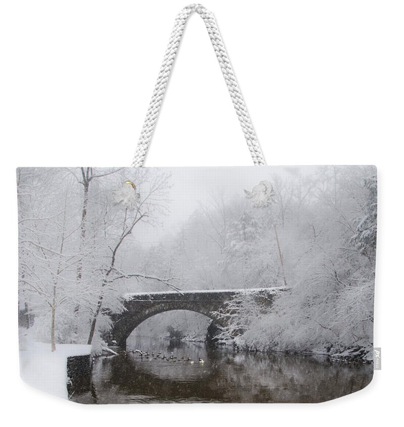 Valley Weekender Tote Bag featuring the photograph Valley Green Bridge in the Snow by Bill Cannon