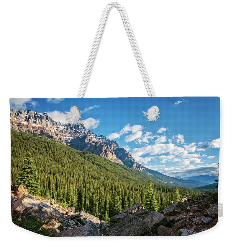 Joan Carroll Weekender Tote Bag featuring the photograph Valley Near Moraine Lake Banff by Joan Carroll