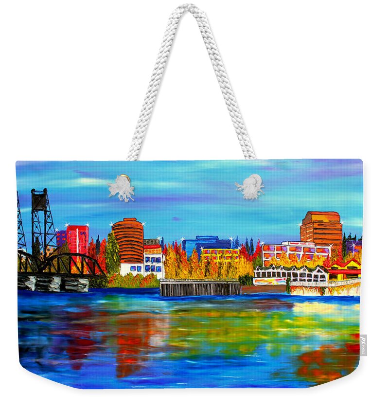  Weekender Tote Bag featuring the painting Vancouver City Lights 1 by James Dunbar