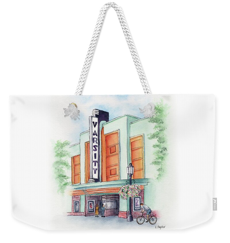 Old Theater Weekender Tote Bag featuring the painting Varsity on Main by Lori Taylor