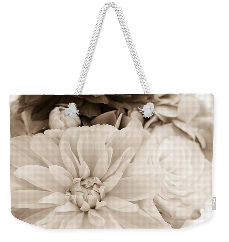 Dahlia Weekender Tote Bag featuring the photograph Vase of Flowers in Sepia by Joni Eskridge
