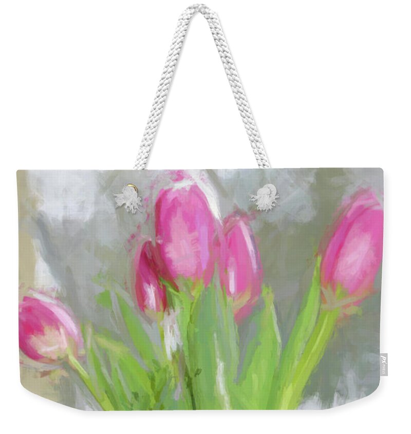 Tulip Weekender Tote Bag featuring the digital art Vase of Pink Tulips by Cheryl Rose