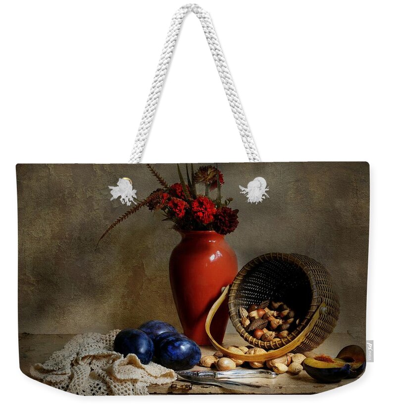 Classic Still Life Weekender Tote Bag featuring the photograph Vase with basket of walnuts by Diana Angstadt