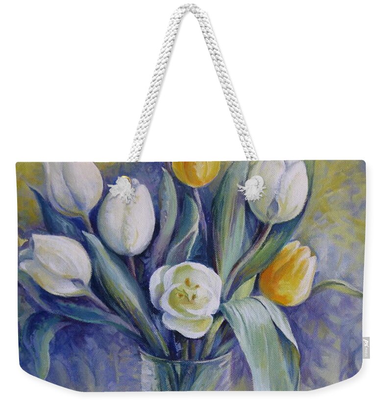 Tulips Weekender Tote Bag featuring the painting Vase with flowers by Elena Oleniuc