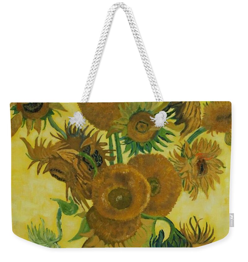 Sunflowers Weekender Tote Bag featuring the painting Vase withFifteen Sunflowers by Bob Williams