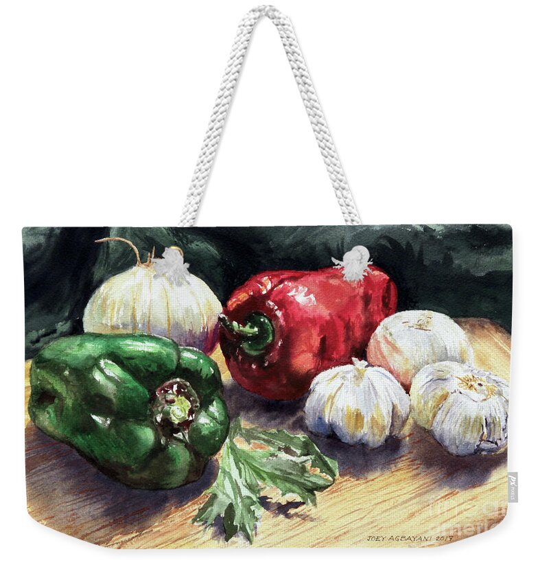 Bell Peppers Weekender Tote Bag featuring the painting Vegetable Golly Wow by Joey Agbayani