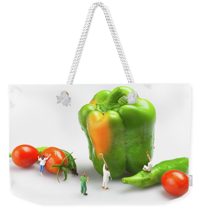 Paint Weekender Tote Bag featuring the painting Vegetable painting Little People On Food by Paul Ge