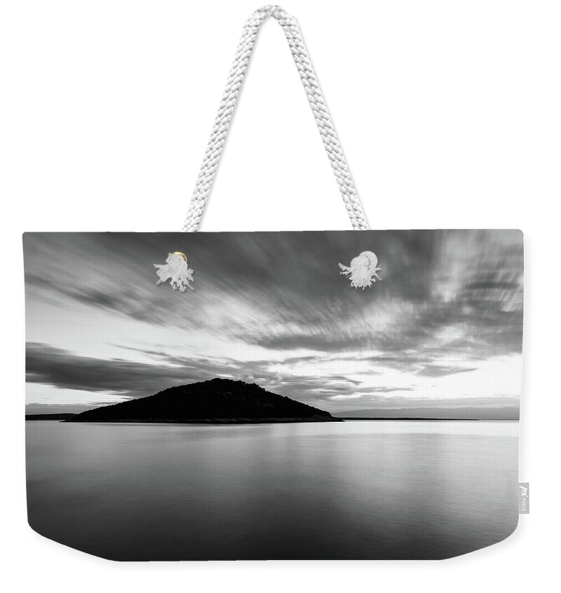 Losinj Weekender Tote Bag featuring the photograph Veli Osir Island in Black and White, Losinj Island, Croatia. by Ian Middleton