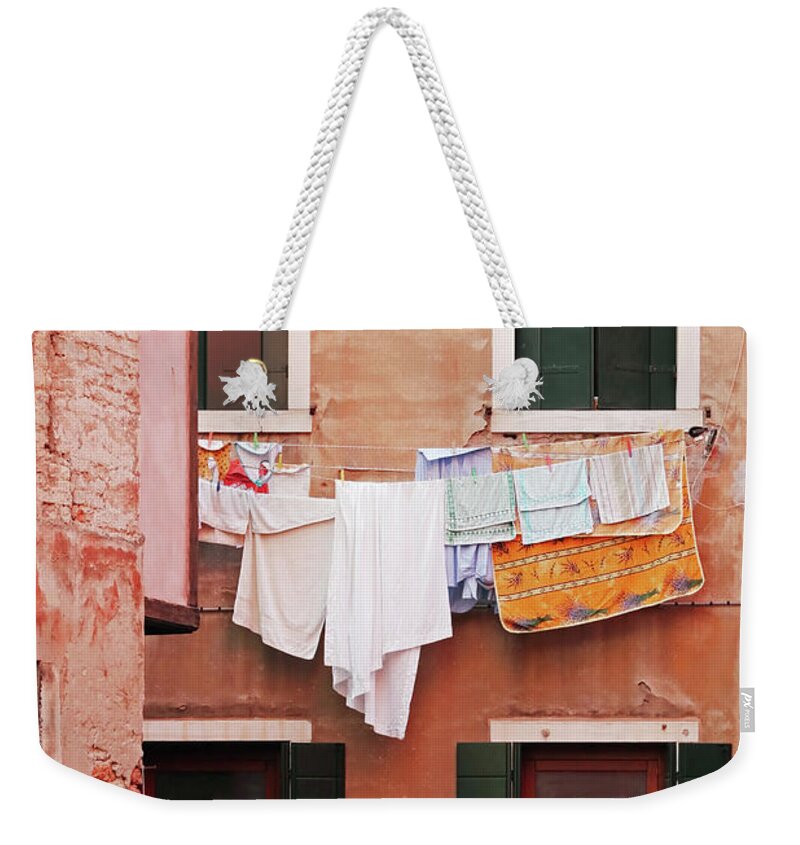 Venice Weekender Tote Bag featuring the photograph Venetian Laundry in Peach and Pink by Brooke T Ryan