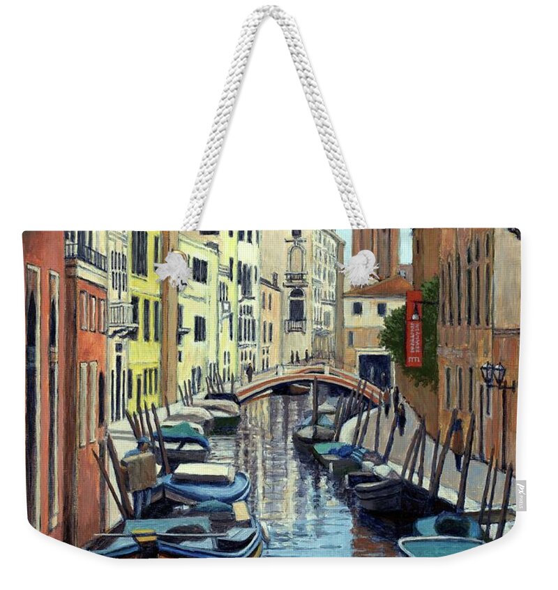 Venice Weekender Tote Bag featuring the painting Venice Canal Reflections by Janet King