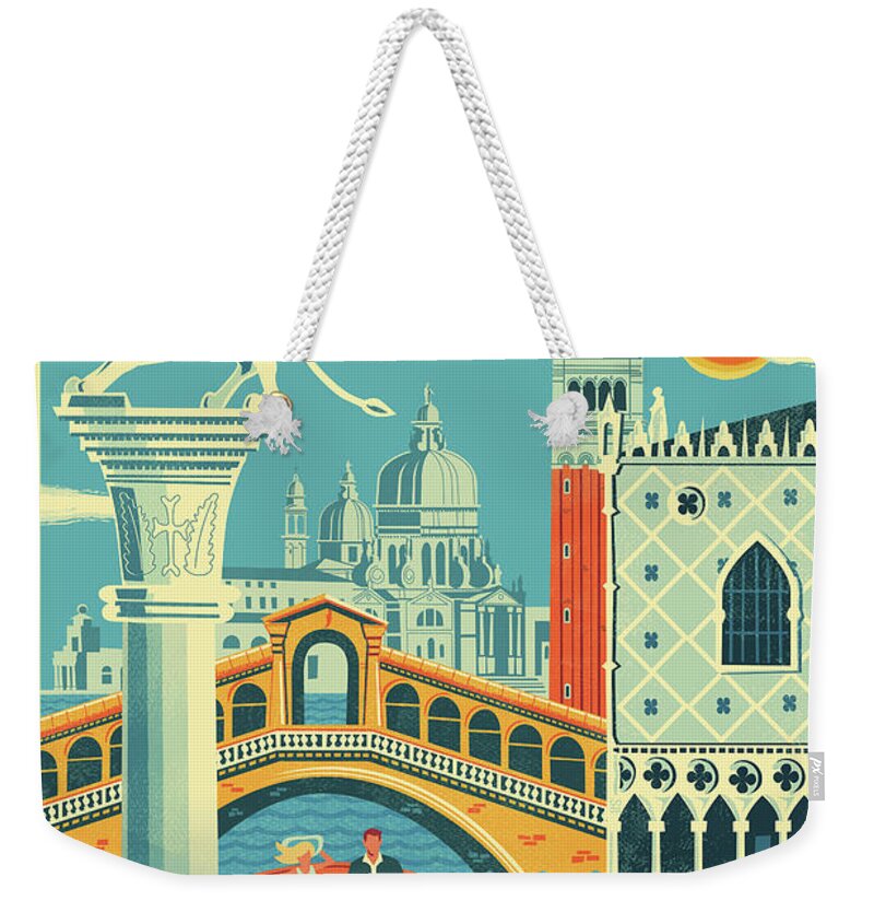 Travel Poster Weekender Tote Bag featuring the digital art Venice Poster - Retro Travel #1 by Jim Zahniser