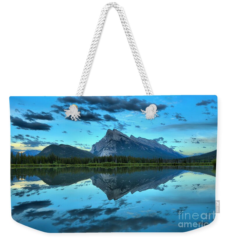 Vermilion Lake Weekender Tote Bag featuring the photograph Vermilion Lakes Blue Sunset by Adam Jewell