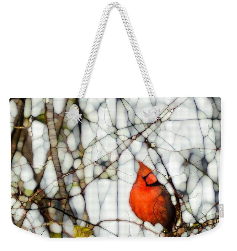 Bird Weekender Tote Bag featuring the digital art Vermillion Visitor by Lynellen Nielsen