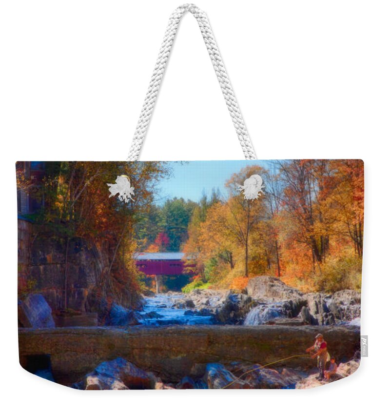 Fishing Weekender Tote Bag featuring the photograph Vermont Fishing in the Dog River by Jeff Folger